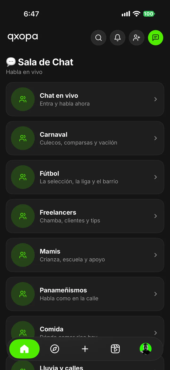 Sala de Chat de qxopa con Chat en vivo, Carnaval, Fútbol, Freelancers y Mamis