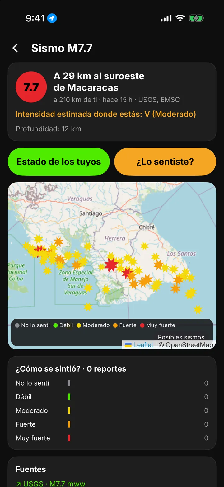 Detalle de un sismo M7.7 en qxopa con mapa de reportes, intensidad estimada y los botones Estado de los tuyos y ¿Lo sentiste?