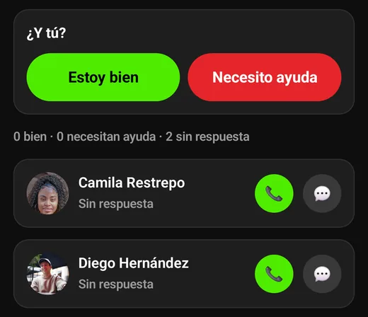Estado de tu gente tras el sismo: Estoy bien, Necesito ayuda y quién no ha respondido, con botones para llamar o escribir