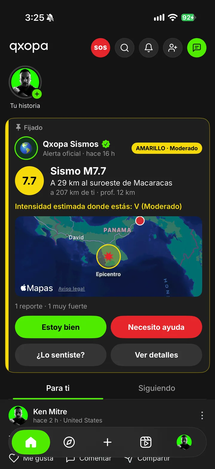 Tarjeta fijada de qxopa Sismos en el inicio: sismo M7.7 con mapa del epicentro, intensidad estimada y los botones Estoy bien y Necesito ayuda