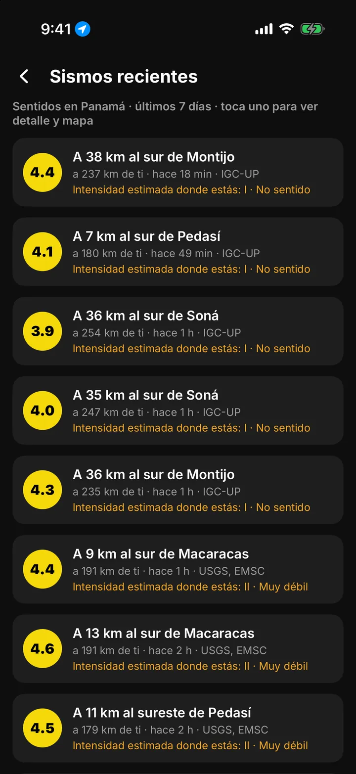 Lista de Sismos recientes en Panamá en qxopa, con magnitud, distancia e intensidad estimada